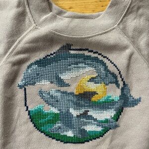handmade dolphin embroidered beige tan sweatshirt S embroidery knit porpoise